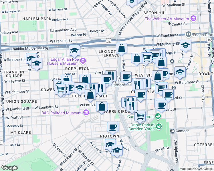 map of restaurants, bars, coffee shops, grocery stores, and more near 800 West Baltimore Street in Baltimore