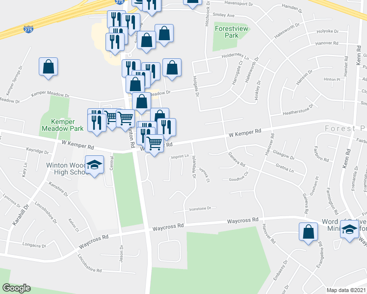 map of restaurants, bars, coffee shops, grocery stores, and more near 1077 West Kemper Road in Cincinnati