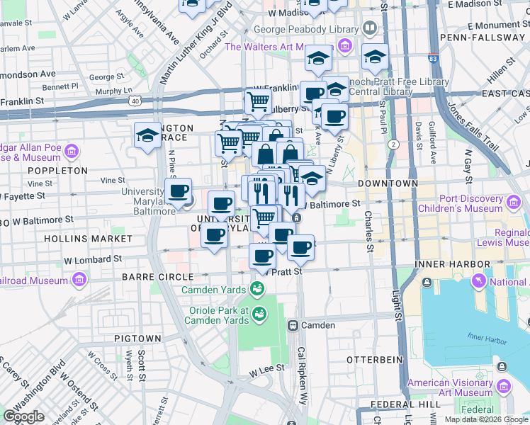map of restaurants, bars, coffee shops, grocery stores, and more near 407 West Baltimore Street in Baltimore