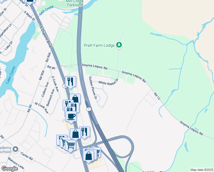 map of restaurants, bars, coffee shops, grocery stores, and more near 40 White Rabbit Drive in Smyrna