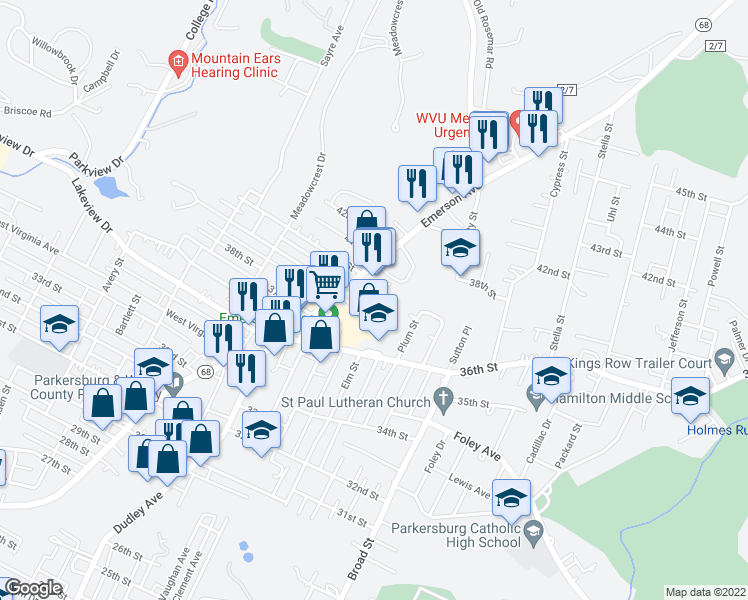 map of restaurants, bars, coffee shops, grocery stores, and more near 3906 Emerson Avenue in Parkersburg