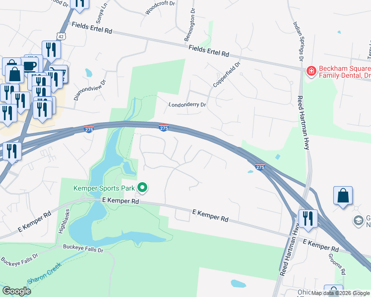 map of restaurants, bars, coffee shops, grocery stores, and more near 11808 Percivale Court in Cincinnati