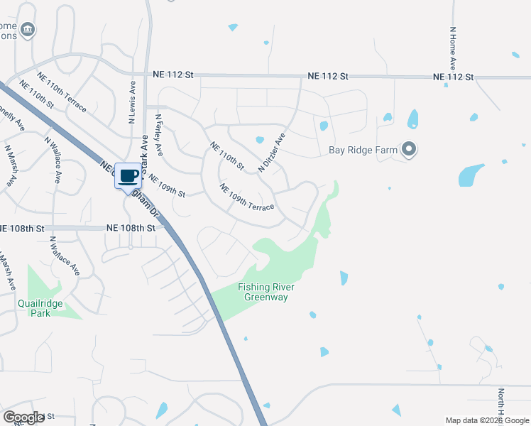 map of restaurants, bars, coffee shops, grocery stores, and more near 9201 Northeast 109th Terrace in Kansas City