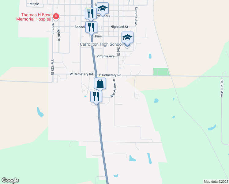 map of restaurants, bars, coffee shops, grocery stores, and more near 1251 Brooklane Drive in Carrollton