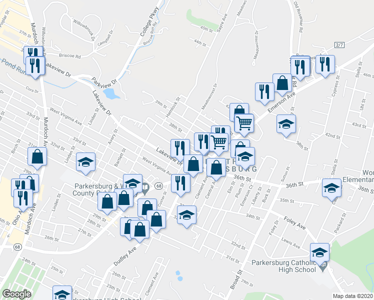 map of restaurants, bars, coffee shops, grocery stores, and more near 1309 36th Street in Parkersburg