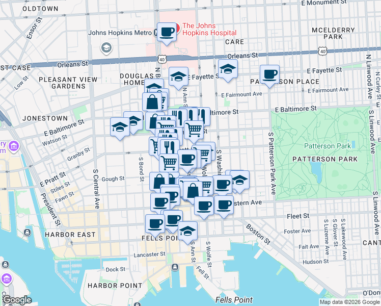 map of restaurants, bars, coffee shops, grocery stores, and more near 207 South Ann Street in Baltimore