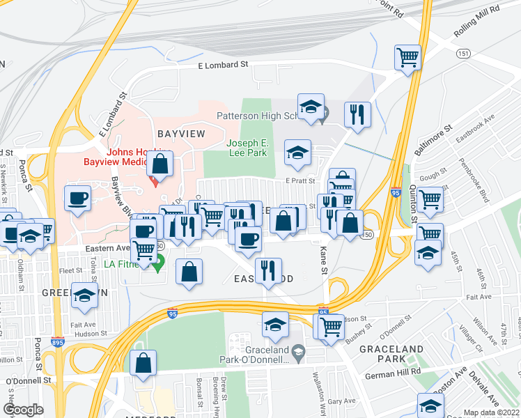 map of restaurants, bars, coffee shops, grocery stores, and more near Gusryan St & Bank St in Baltimore