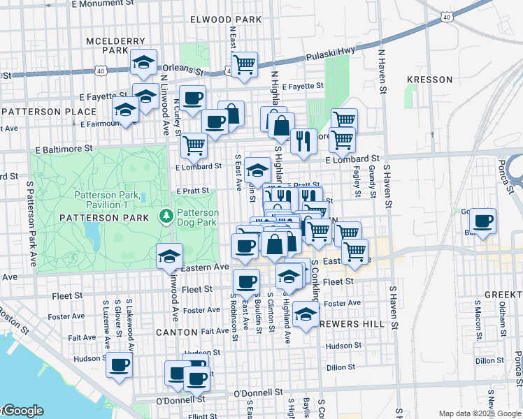 map of restaurants, bars, coffee shops, grocery stores, and more near 226 South Clinton Street in Baltimore