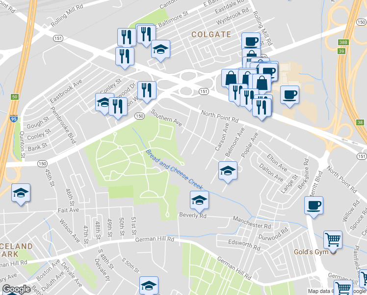 map of restaurants, bars, coffee shops, grocery stores, and more near 7520 Riddle Ave in Baltimore