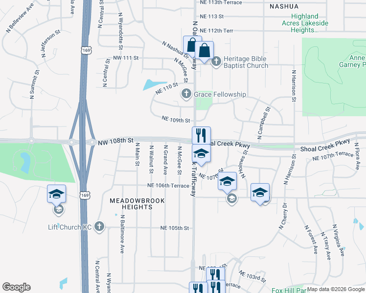 map of restaurants, bars, coffee shops, grocery stores, and more near 10731 North McGee Street in Kansas City