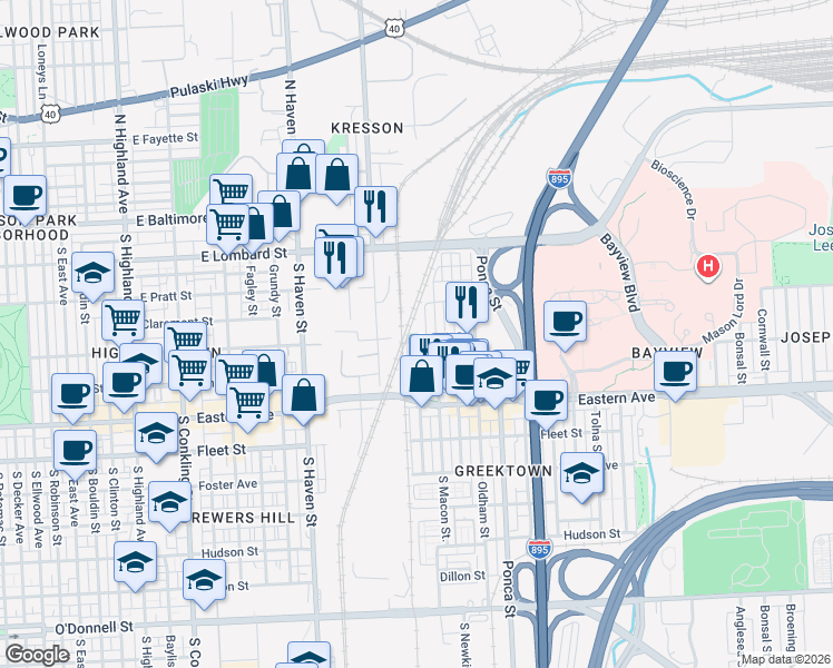 map of restaurants, bars, coffee shops, grocery stores, and more near 4500 Gough Street in Baltimore