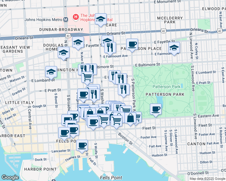 map of restaurants, bars, coffee shops, grocery stores, and more near 204 South Chester Street in Baltimore