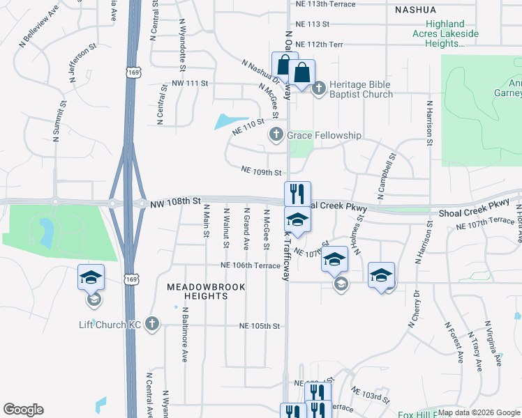 map of restaurants, bars, coffee shops, grocery stores, and more near 10731 North McGee Street in Kansas City