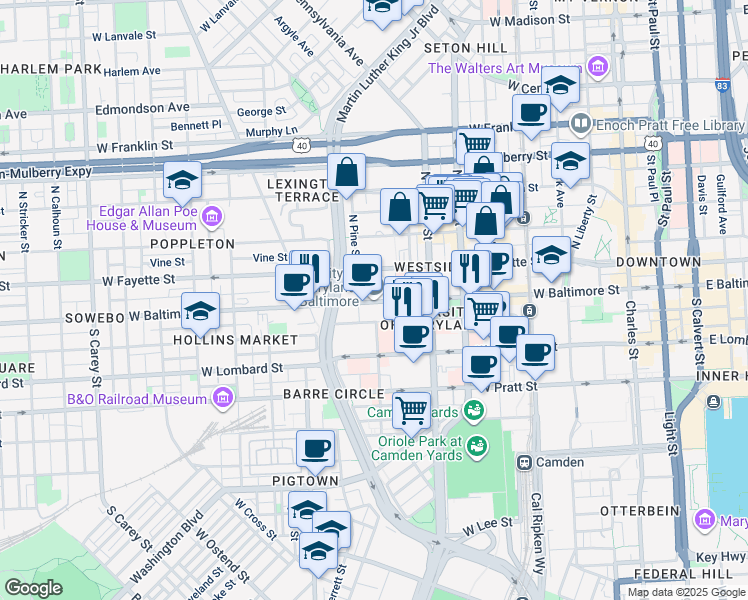 map of restaurants, bars, coffee shops, grocery stores, and more near 620 West Lexington Street in Baltimore