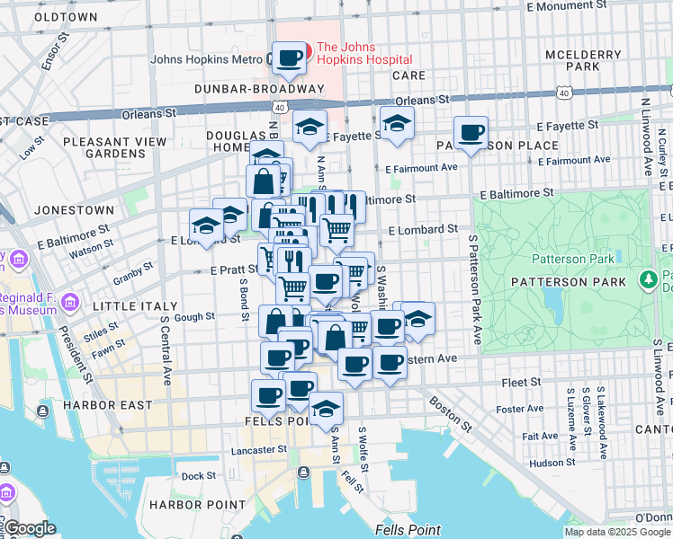 map of restaurants, bars, coffee shops, grocery stores, and more near 1809 East Pratt Street in Baltimore
