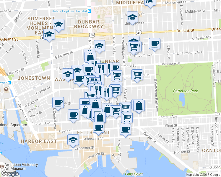 map of restaurants, bars, coffee shops, grocery stores, and more near 1809 East Pratt Street in Baltimore
