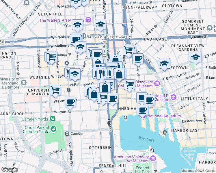 map of restaurants, bars, coffee shops, grocery stores, and more near 10 Light Street in Baltimore