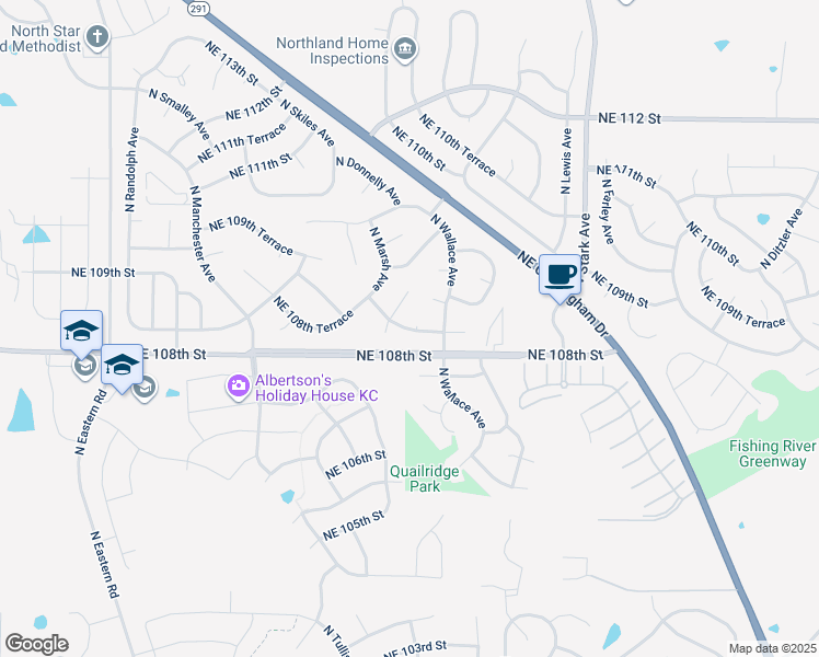 map of restaurants, bars, coffee shops, grocery stores, and more near 8408 Northeast 108th Terrace in Kansas City