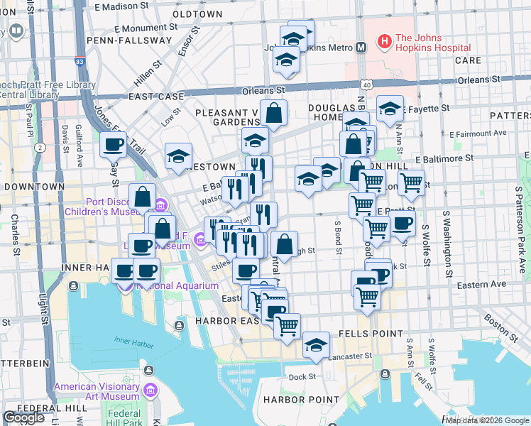 map of restaurants, bars, coffee shops, grocery stores, and more near 120 South Central Avenue in Baltimore