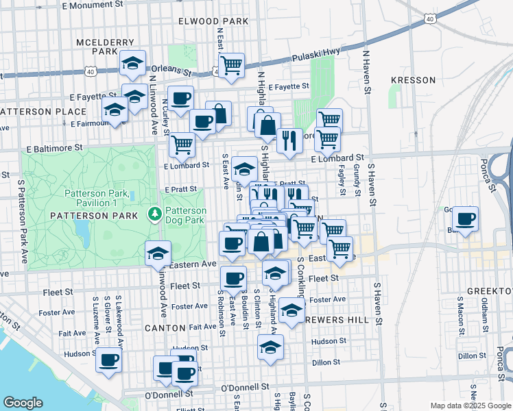 map of restaurants, bars, coffee shops, grocery stores, and more near 233 South Clinton Street in Baltimore
