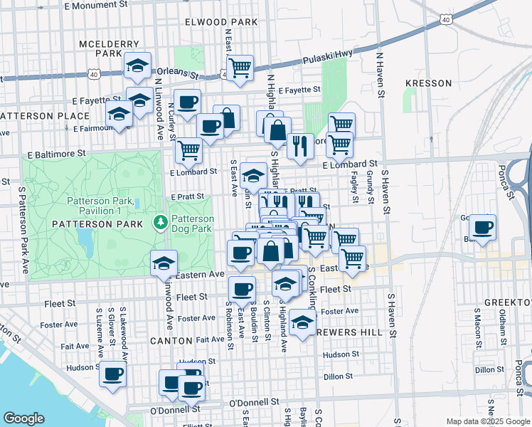 map of restaurants, bars, coffee shops, grocery stores, and more near 233 South Clinton Street in Baltimore