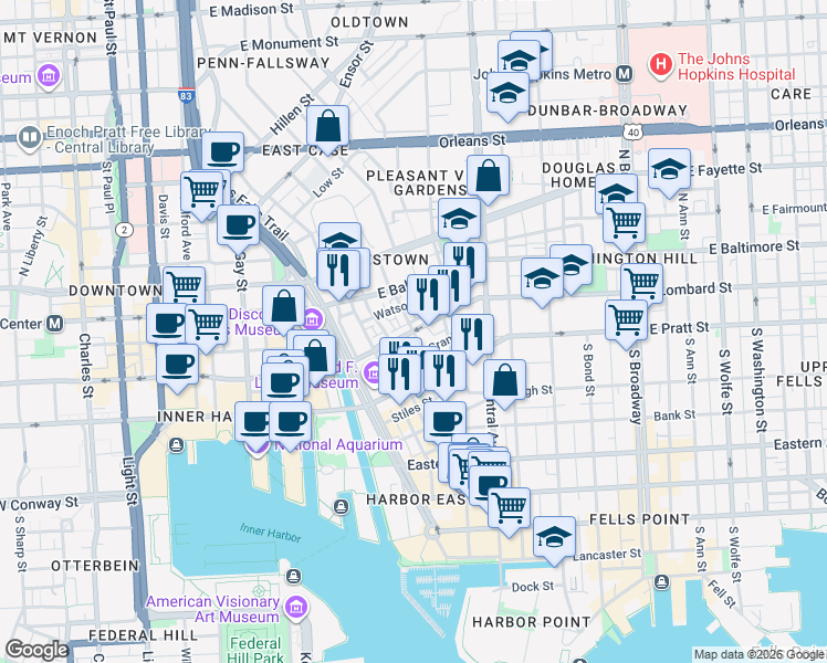 map of restaurants, bars, coffee shops, grocery stores, and more near E Lombard St & S Exeter St in Baltimore