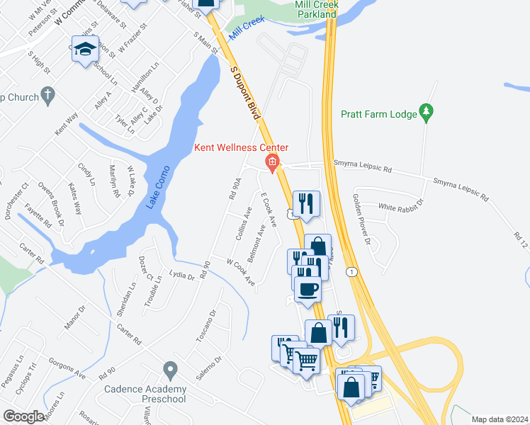 map of restaurants, bars, coffee shops, grocery stores, and more near 75 East Cook Avenue in Smyrna