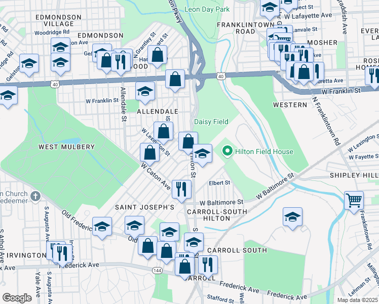 map of restaurants, bars, coffee shops, grocery stores, and more near 222 North Hilton Street in Baltimore