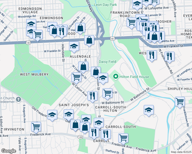 map of restaurants, bars, coffee shops, grocery stores, and more near 222 North Hilton Street in Baltimore