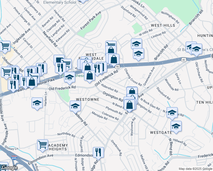 map of restaurants, bars, coffee shops, grocery stores, and more near 639 Aldershot Road in Baltimore