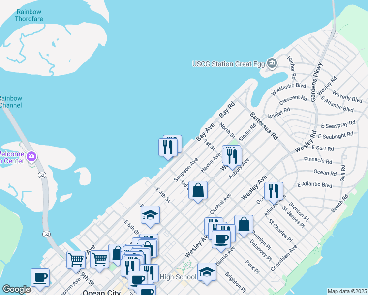 map of restaurants, bars, coffee shops, grocery stores, and more near 200 Bay Avenue in Ocean City