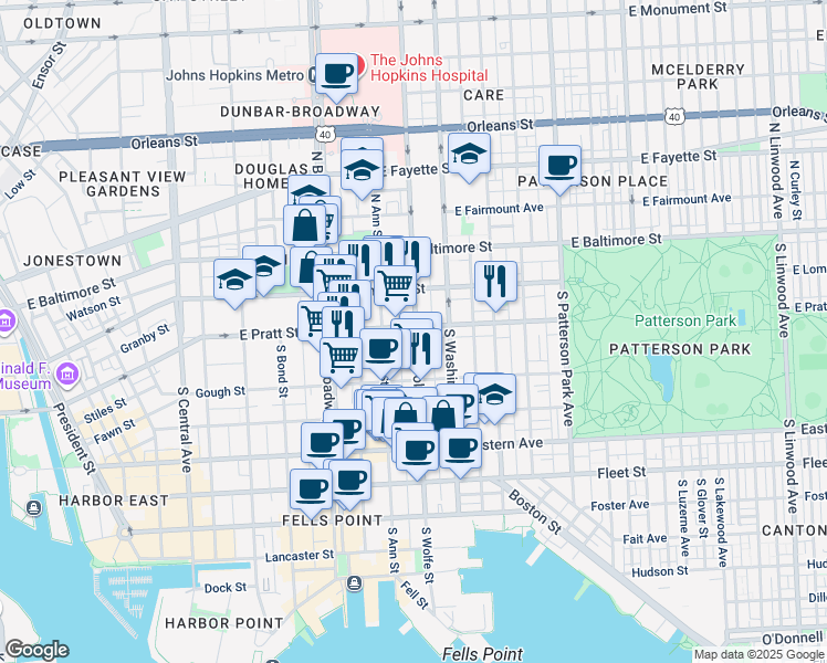 map of restaurants, bars, coffee shops, grocery stores, and more near 1831 East Pratt Street in Baltimore