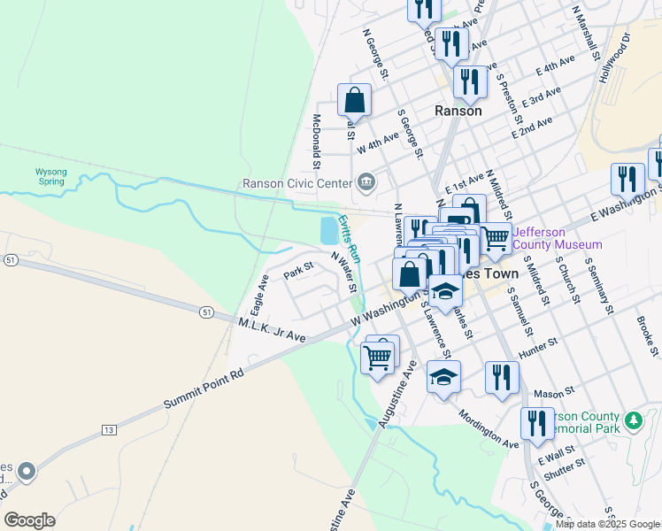 map of restaurants, bars, coffee shops, grocery stores, and more near 140 Higgs Boulevard in Charles Town