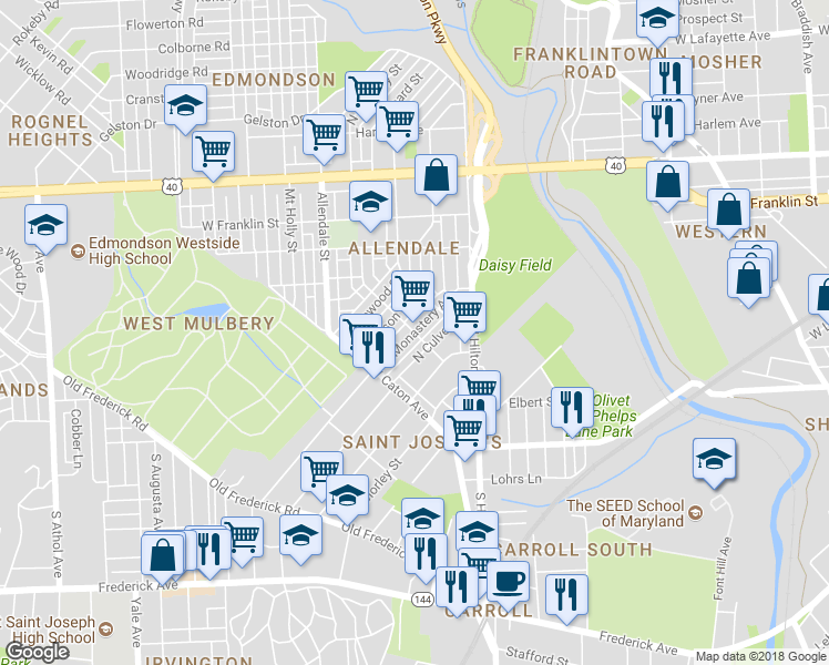 map of restaurants, bars, coffee shops, grocery stores, and more near 3298 West Lexington Street in Baltimore