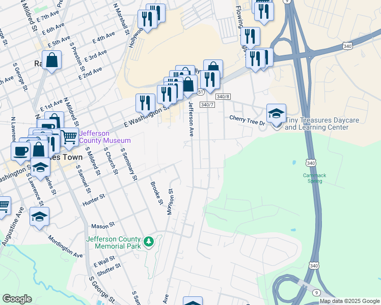 map of restaurants, bars, coffee shops, grocery stores, and more near 344 Jefferson Avenue in Charles Town