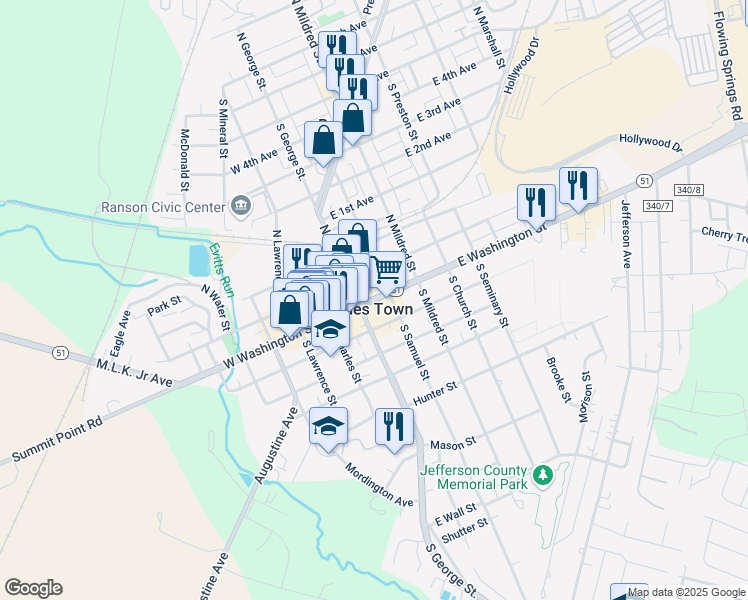 map of restaurants, bars, coffee shops, grocery stores, and more near in Charles Town