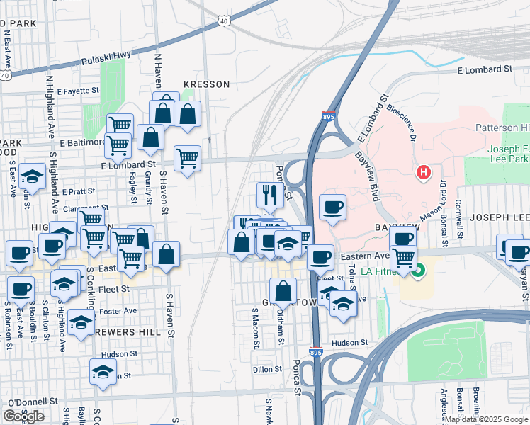 map of restaurants, bars, coffee shops, grocery stores, and more near 233 South Newkirk Street in Baltimore