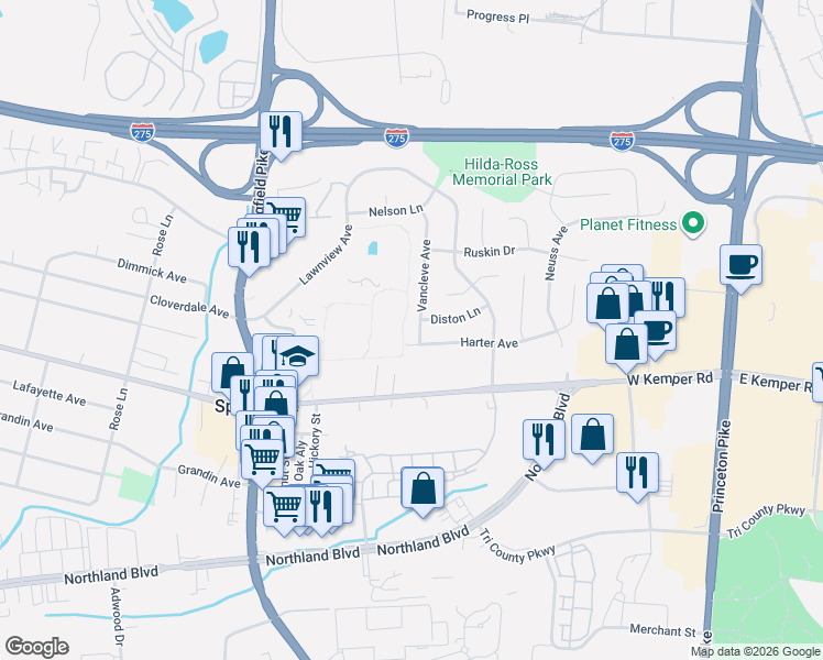 map of restaurants, bars, coffee shops, grocery stores, and more near 249 Diston Lane in Cincinnati