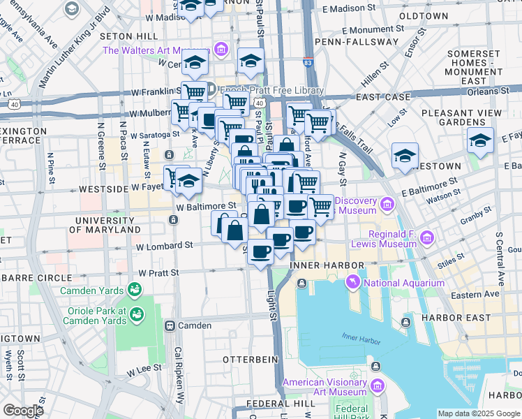 map of restaurants, bars, coffee shops, grocery stores, and more near 10 Light Street in Baltimore