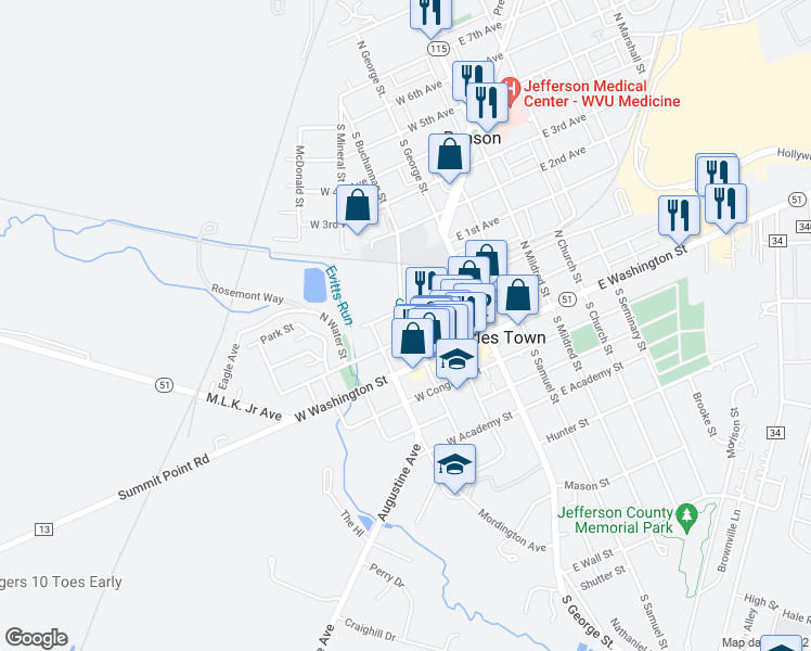 map of restaurants, bars, coffee shops, grocery stores, and more near 212 North Lawrence Street in Charles Town