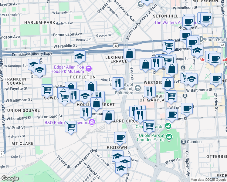 map of restaurants, bars, coffee shops, grocery stores, and more near 800 West Baltimore Street in Baltimore