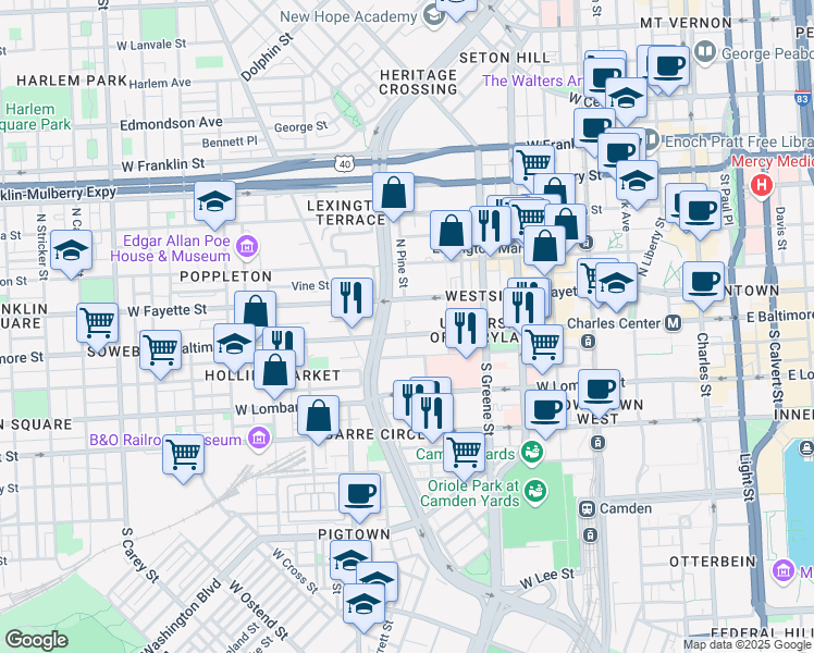 map of restaurants, bars, coffee shops, grocery stores, and more near 20 North Pine Street in Baltimore