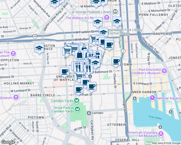 map of restaurants, bars, coffee shops, grocery stores, and more near West Baltimore Street & South Howard Street in Baltimore