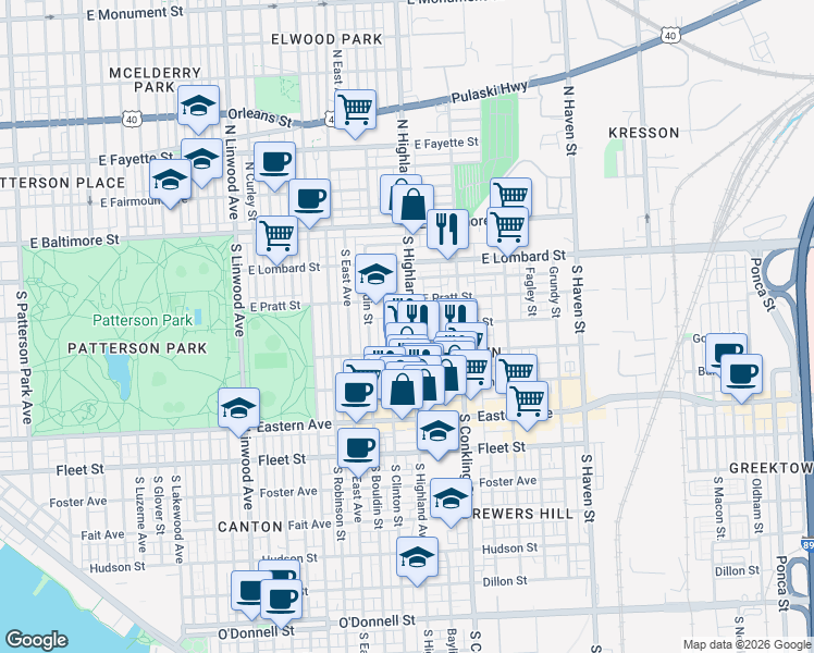 map of restaurants, bars, coffee shops, grocery stores, and more near 240 South Highland Avenue in Baltimore