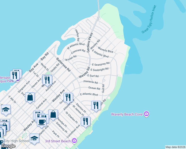 map of restaurants, bars, coffee shops, grocery stores, and more near 322 East Surf Road in Ocean City