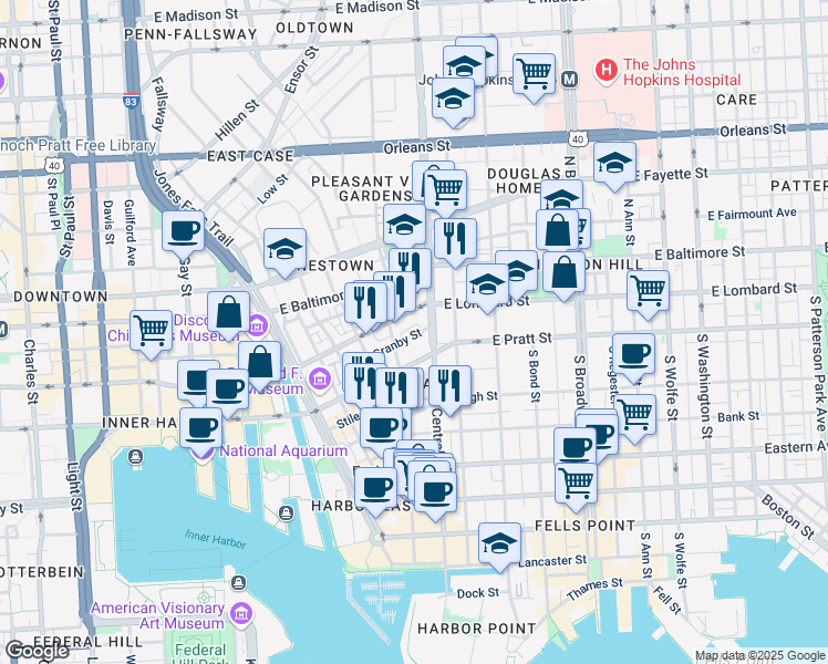 map of restaurants, bars, coffee shops, grocery stores, and more near 1118 Granby Street in Baltimore