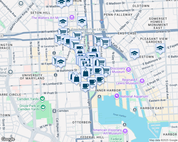map of restaurants, bars, coffee shops, grocery stores, and more near 1 Light Street in Baltimore