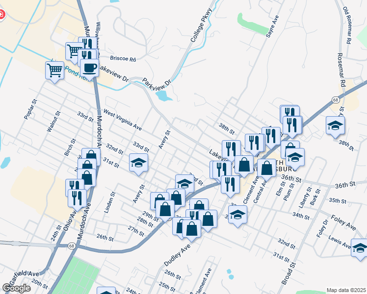 map of restaurants, bars, coffee shops, grocery stores, and more near 1053 W Virginia Ave in Parkersburg