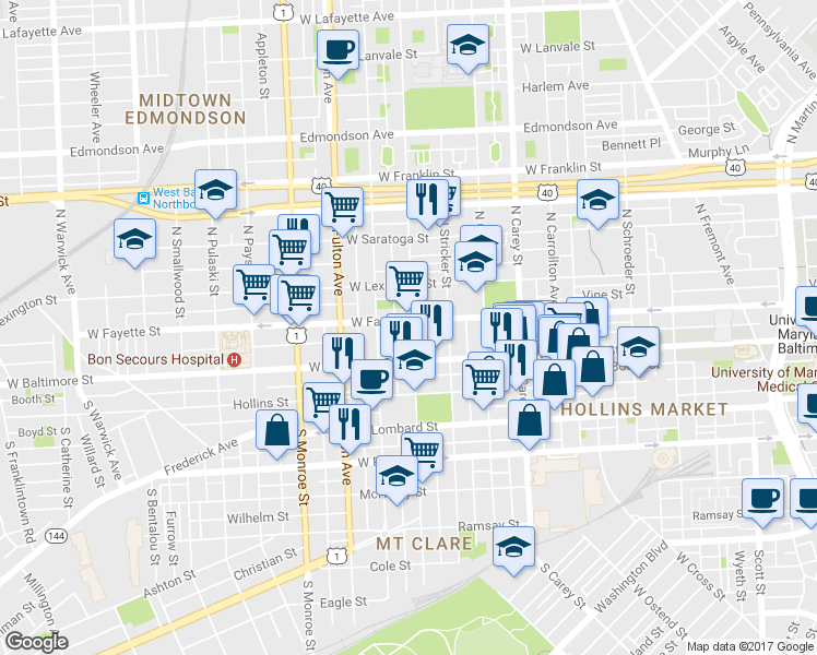 map of restaurants, bars, coffee shops, grocery stores, and more near 1601 West Fayette Street in Baltimore