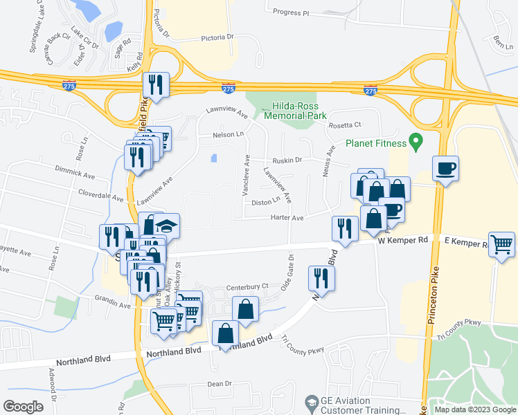 map of restaurants, bars, coffee shops, grocery stores, and more near 235 Diston Lane in Cincinnati